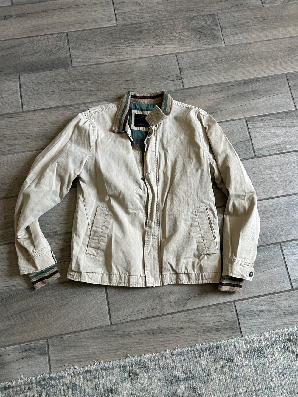 Forever 21 Men's Cream Cotton Bomber Jacket with Striped Trim